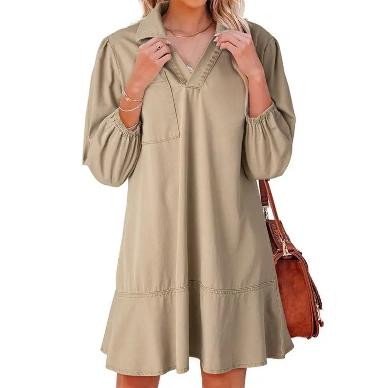 Women Fashion Fall Casual Babydoll 2025 V Neck 3/4 Puff Sleeve Jean Dresses