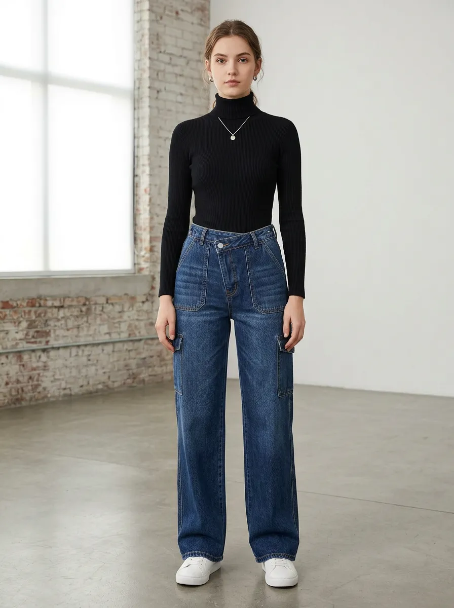 Women's Classic Denim Pants with Utility Silhouette and Denim Finish