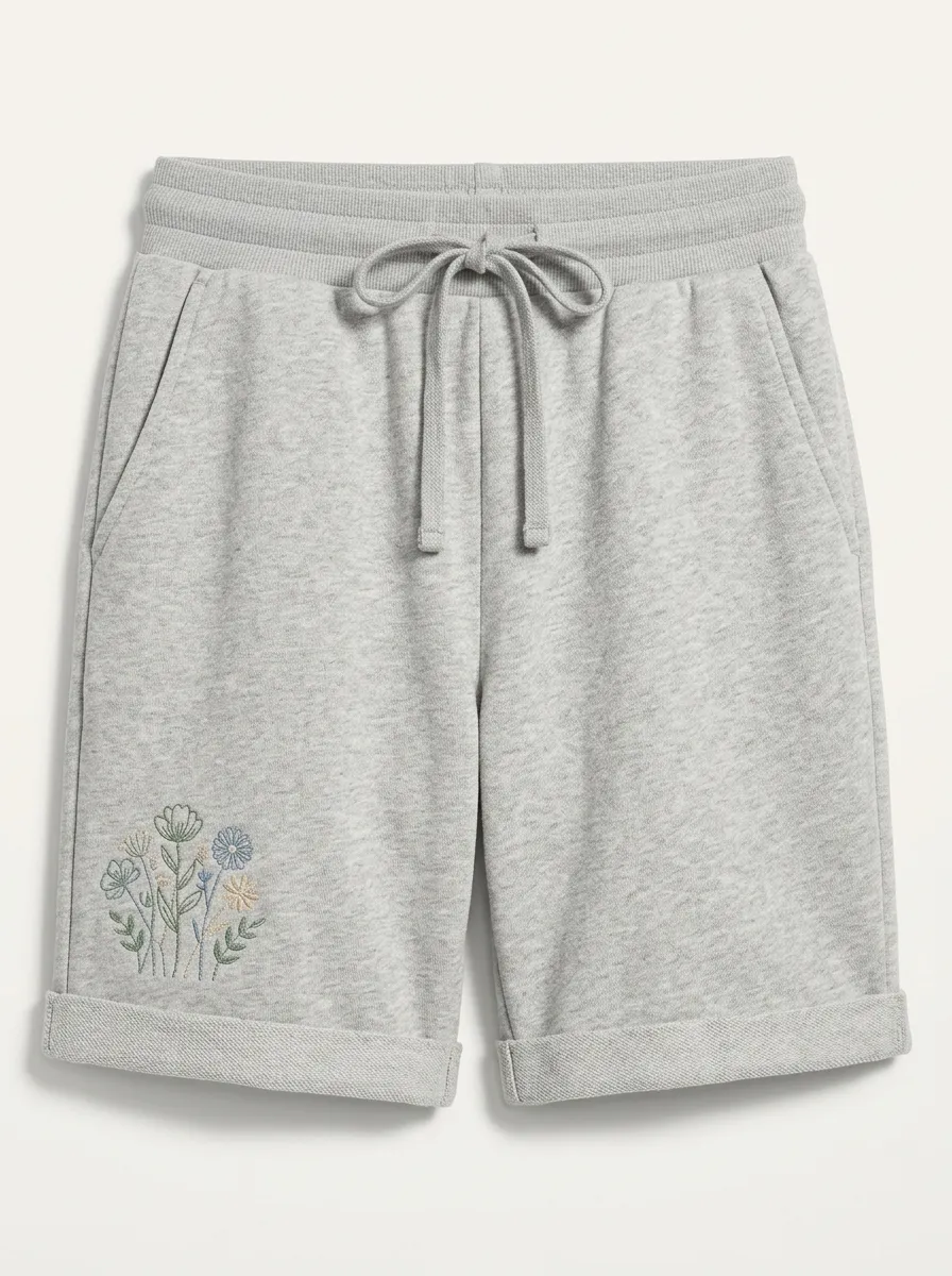 Women's Cuffed-Hem Floral-Embroidered Sweat Shorts