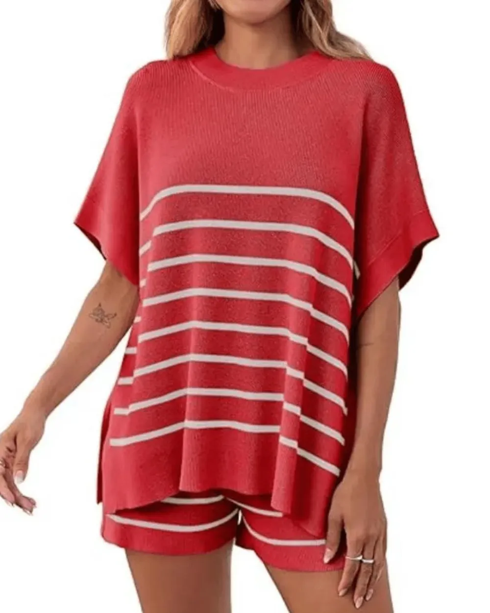 Striped Batwing Top and High-Waist Shorts Two-Piece Lounge Set