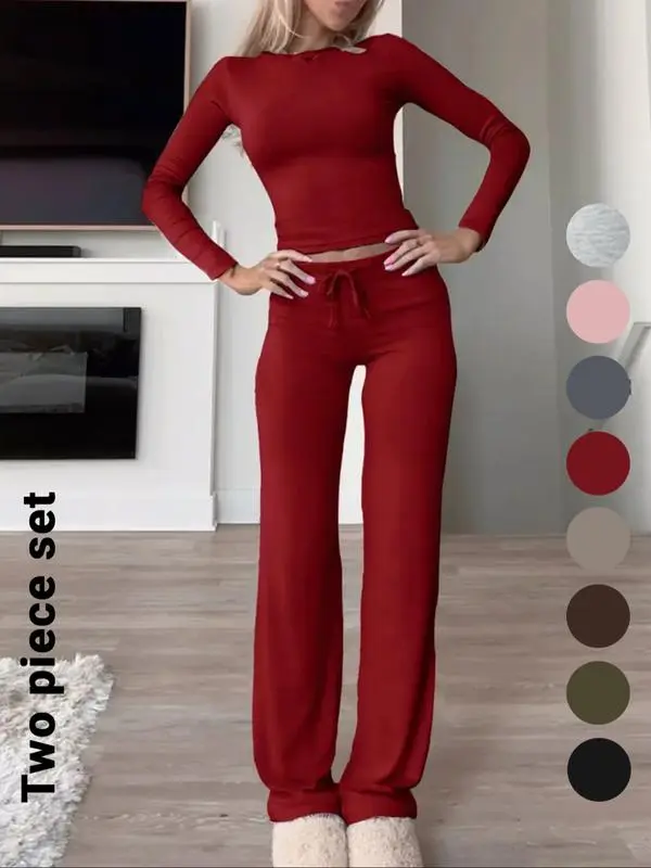 Women's Solid Color Long Sleeve Crop Tee & High-Waisted Drawstring Pants Set, Casual Everyday Slim Fit Outfit for Fall & Winter Seasons