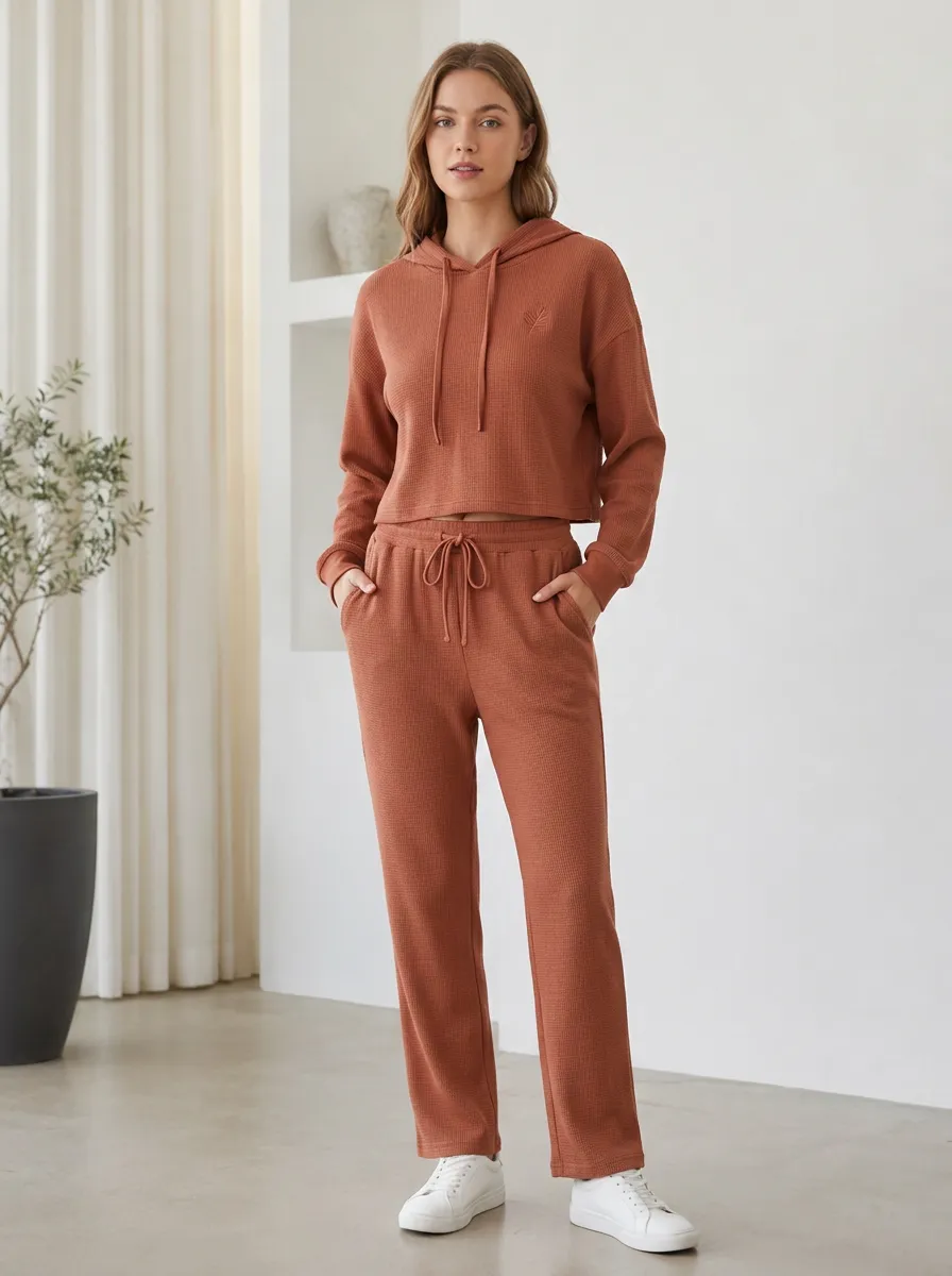 Women's Casual Minimalist Rust Waffle Knit Loungewear Set