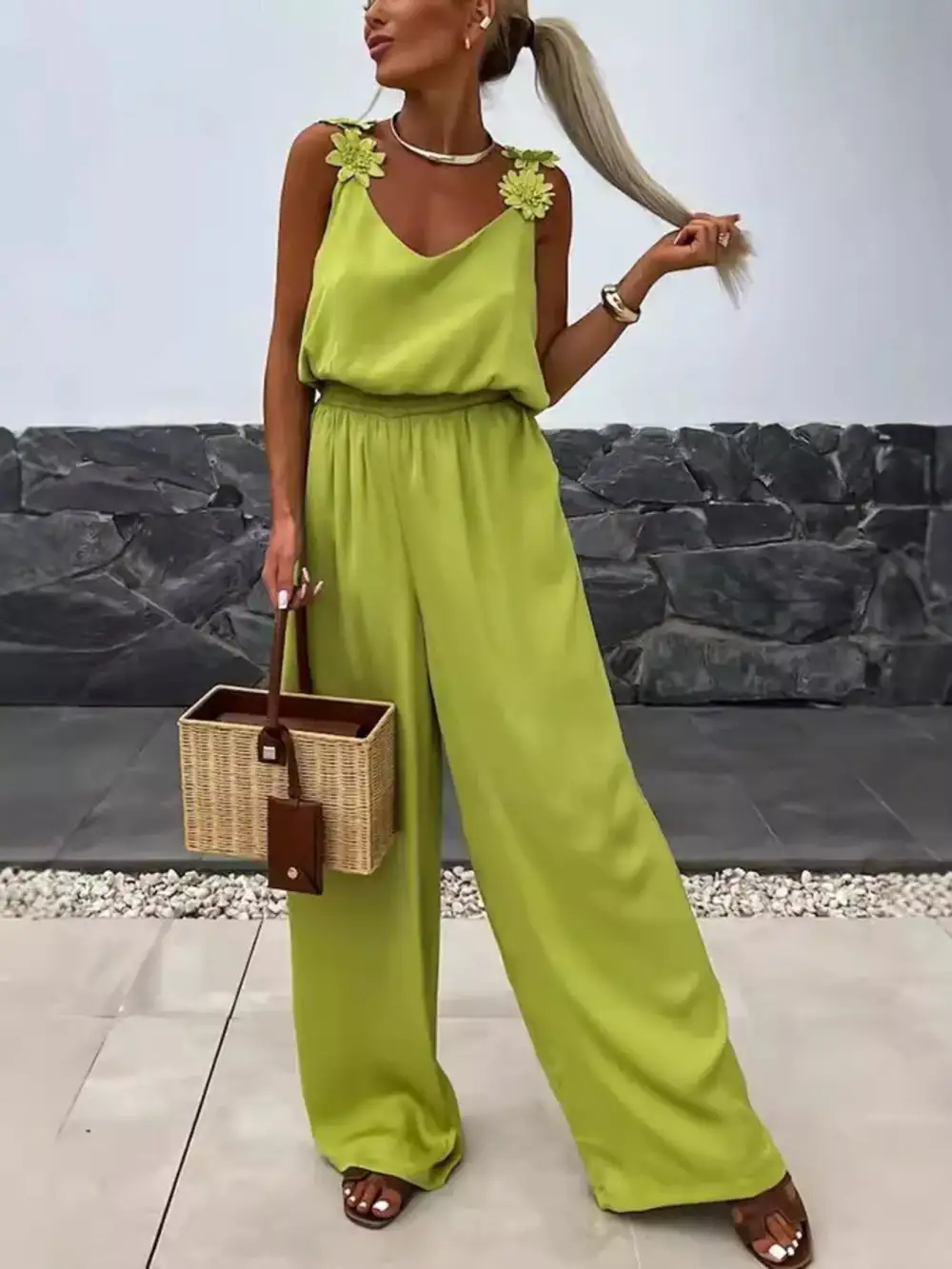 Floral Applique V Neck Wide Leg Jumpsuit