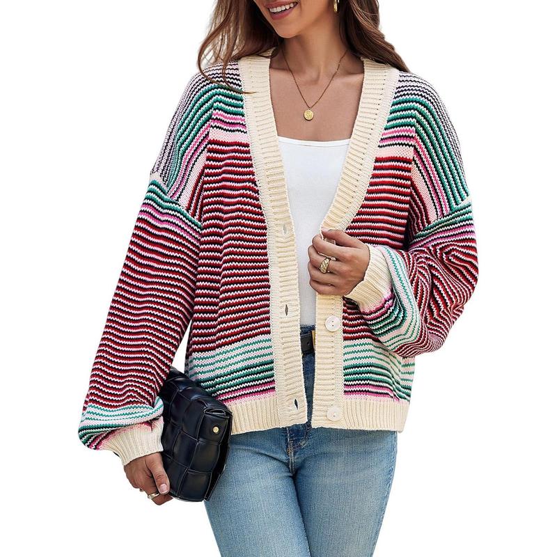 Womens Striped Cardigan Sweaters Oversized Puff Sleeve Button Up V Neck Color Block Knit Sweater Coat
