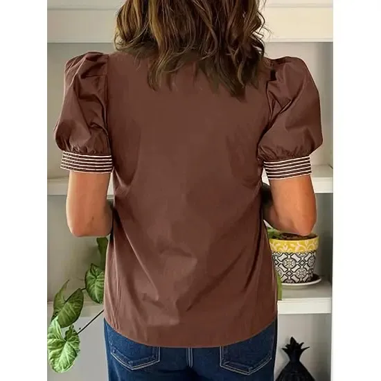 Womens Puff Short Sleeve Blouses Summer Casual Dressy Contrast Stitch