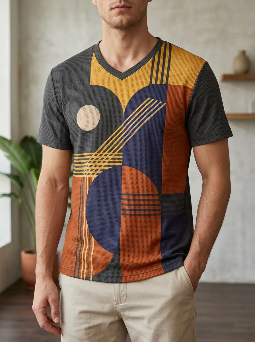 Men's Dynamic Geometric Abstract Art V-Neck T-Shirt