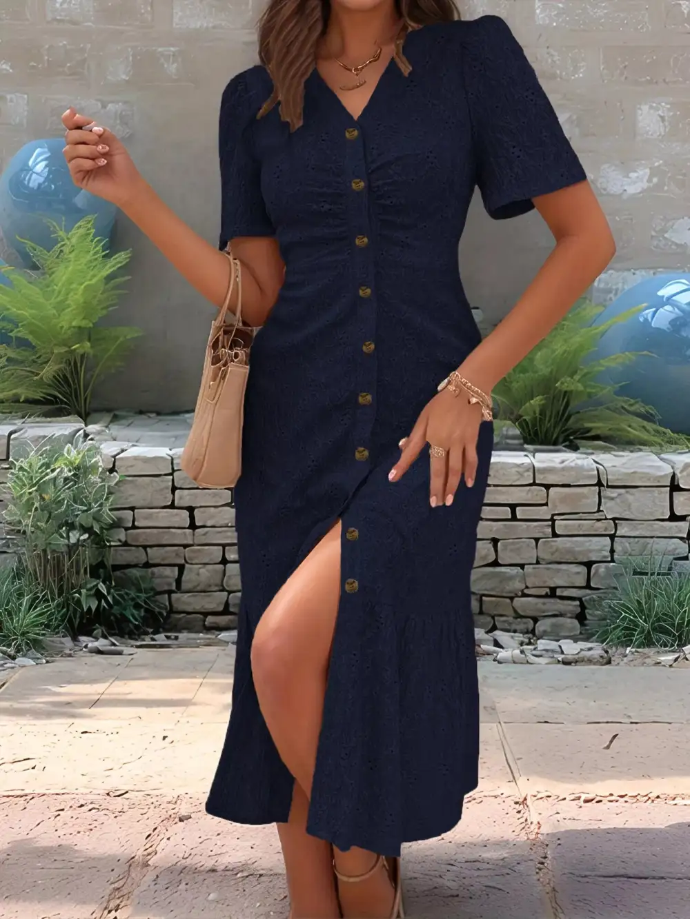 Button Front Embroidered Midi Dress