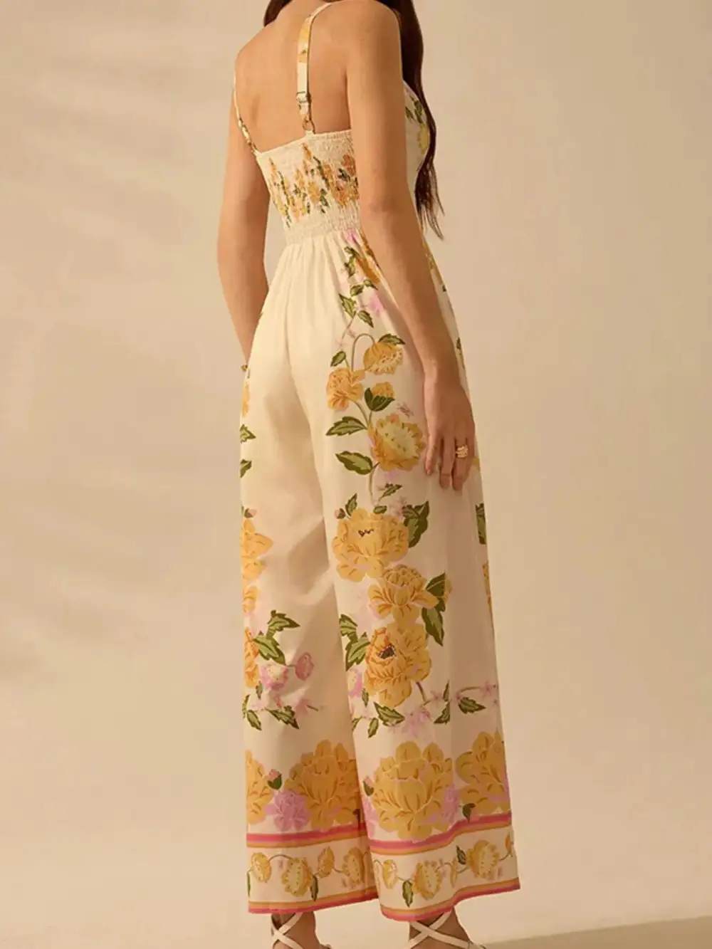 Floral Print Wide Leg V Neck Jumpsuit