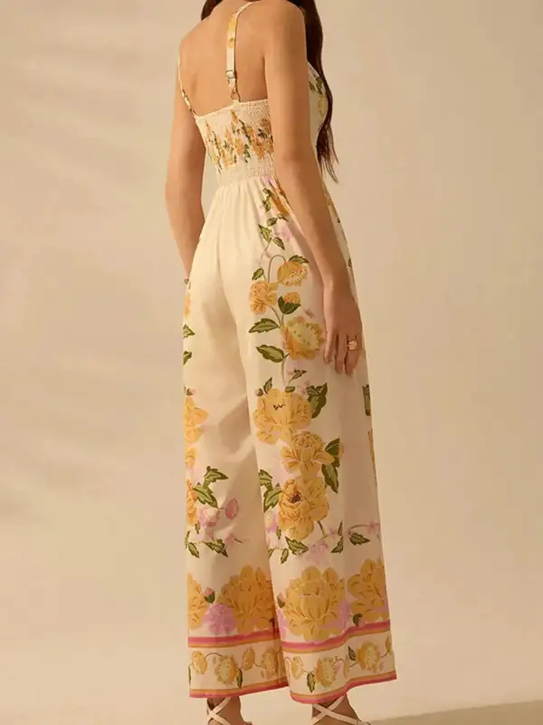 Floral Print Wide Leg V Neck Jumpsuit
