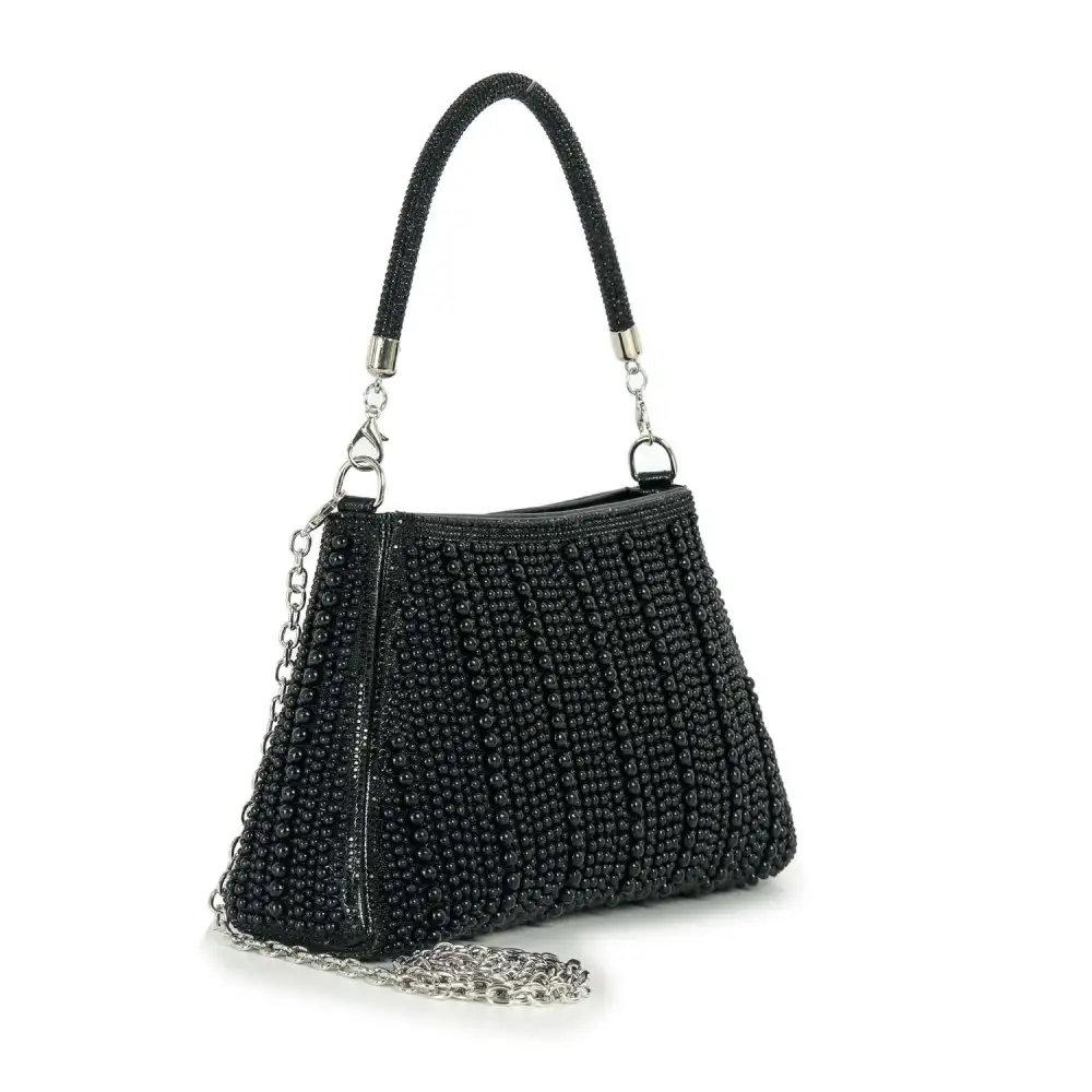 Crystal Accent Beaded Chain Accent Faux Leather Tote Bag