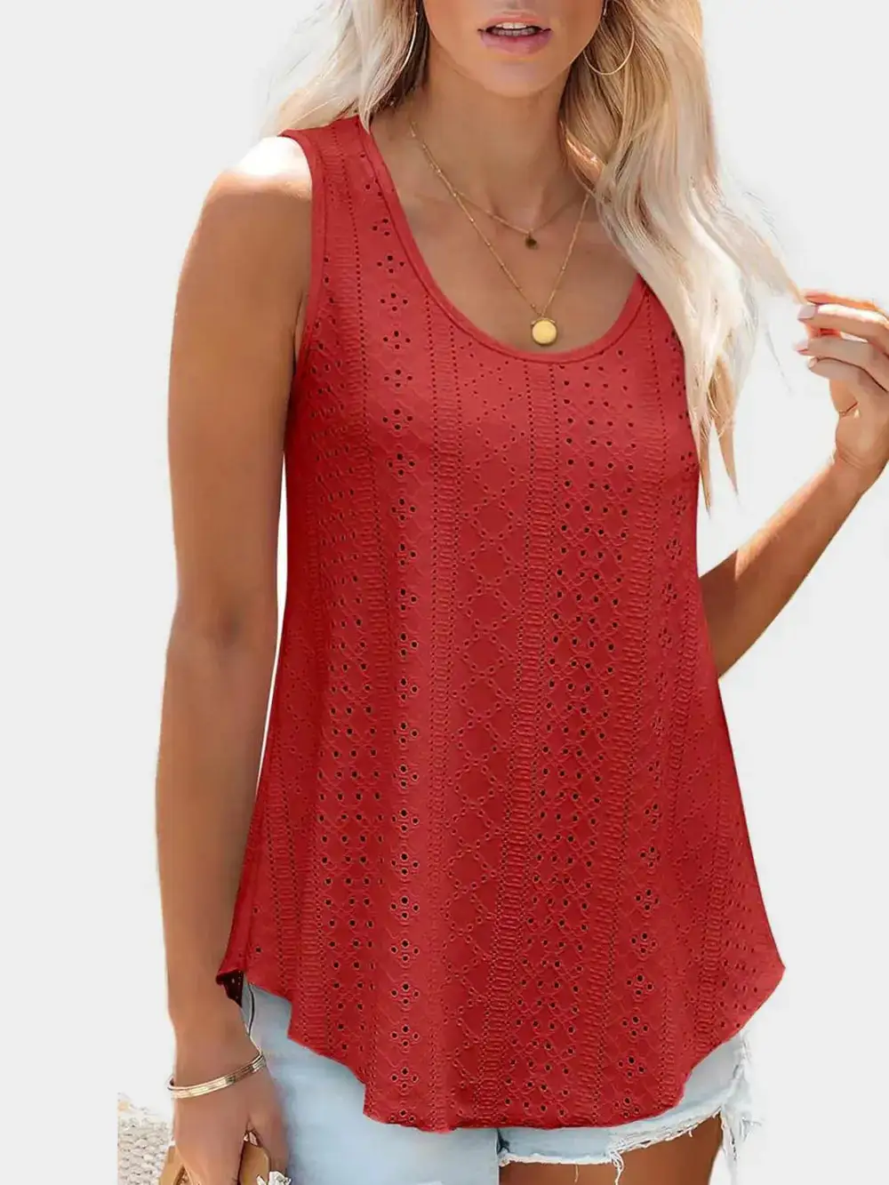 Eyelet Round Neck Tank With Sheer Detail