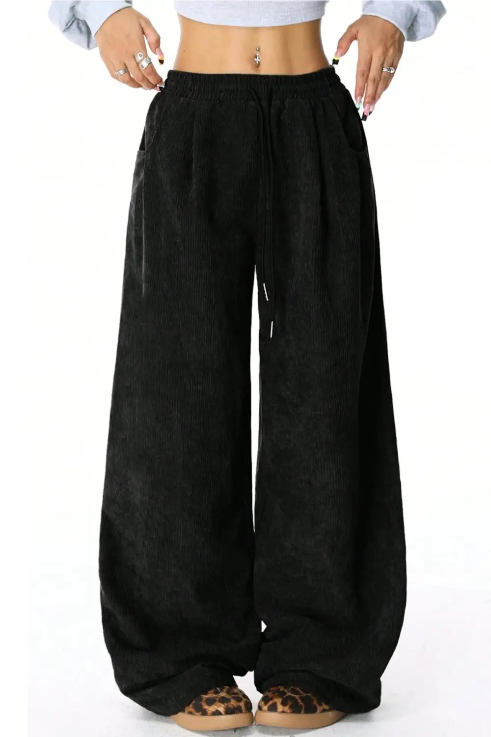 Relaxed Drawstring Wide Leg Flannel Pants