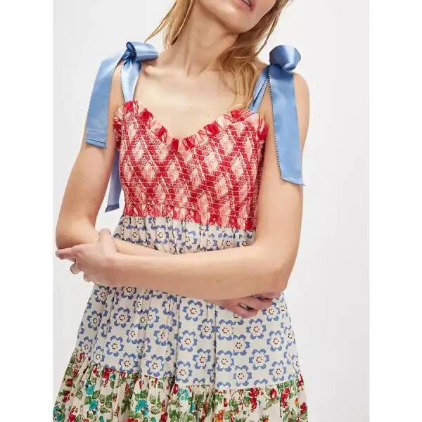 Printed V Neck Tie Shoulder Cami Dress