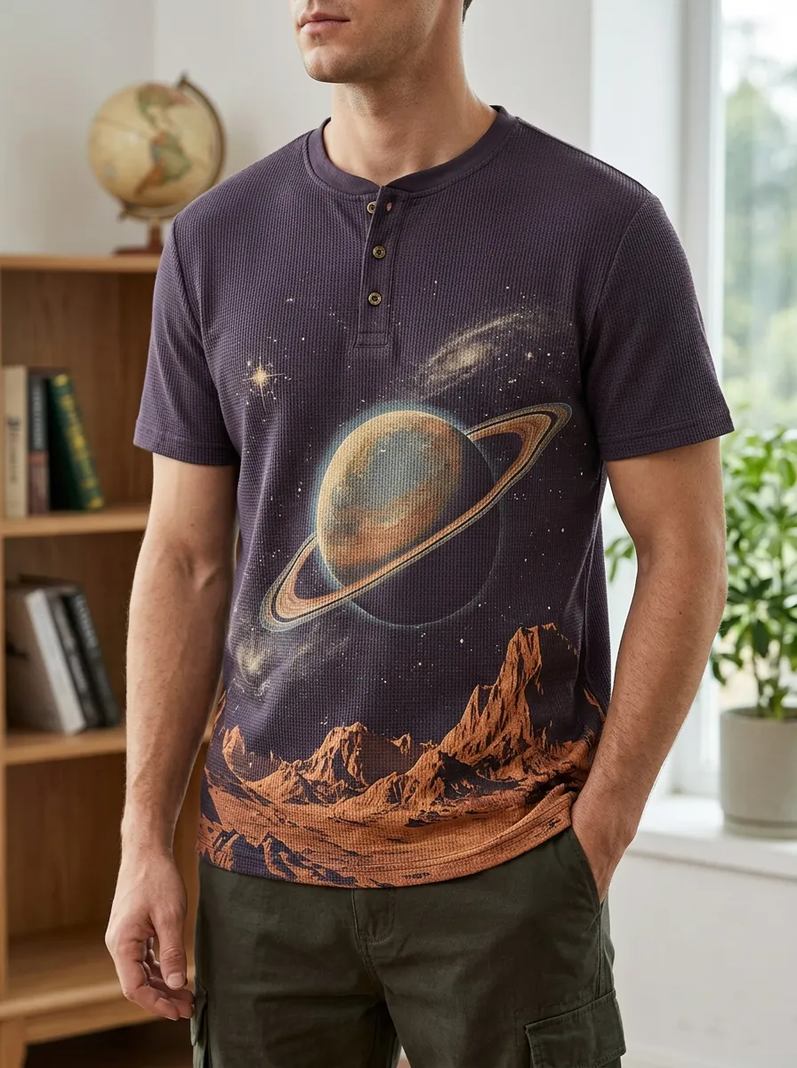 Men's Space Astronomy Saturn Planet Landscape Printed Henley T-shirt