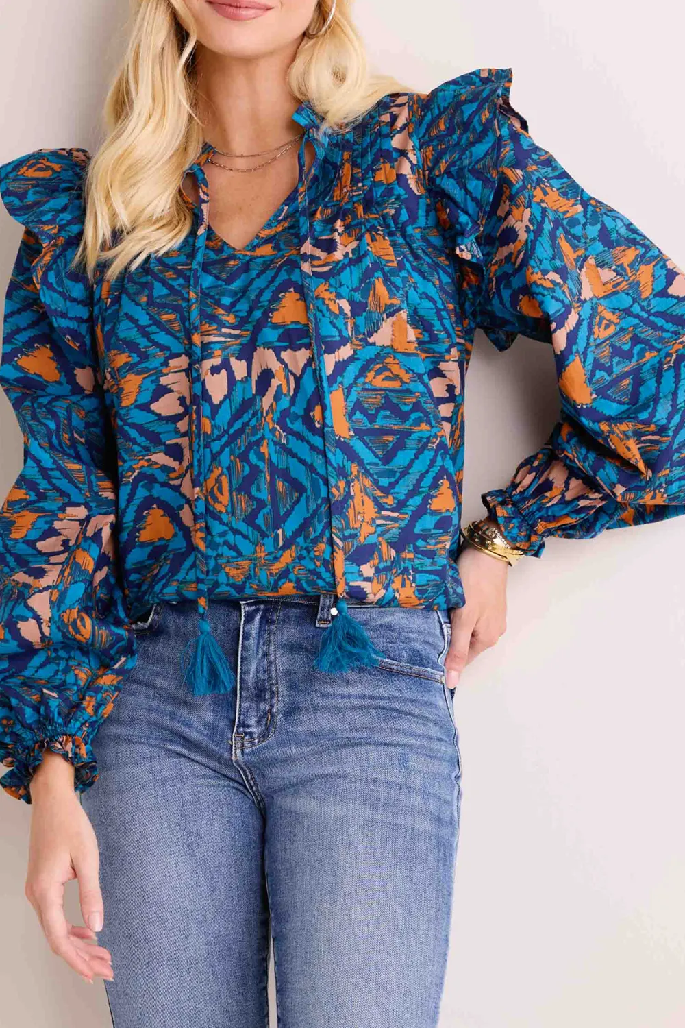 Blue Artistic Print Tie-Waist Long Sleeve Blouse