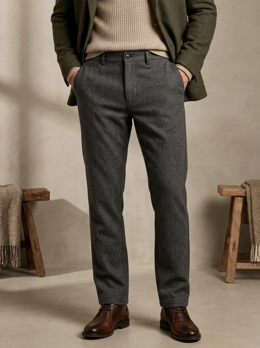 Men's Fall Winter Button Front Tailored Herringbone Slim Fit Trousers