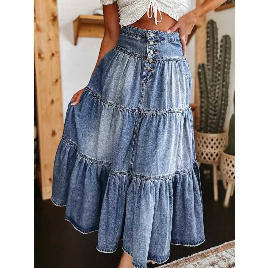 Tiered Button-fly Denim Skirt