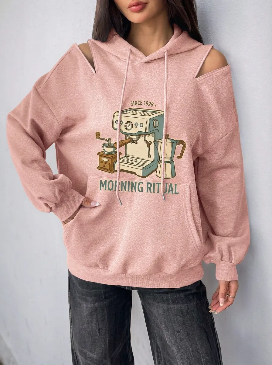 Women's Coffee Morning Ritual Espresso Machine Graphic Cold-Shoulder Hoodie