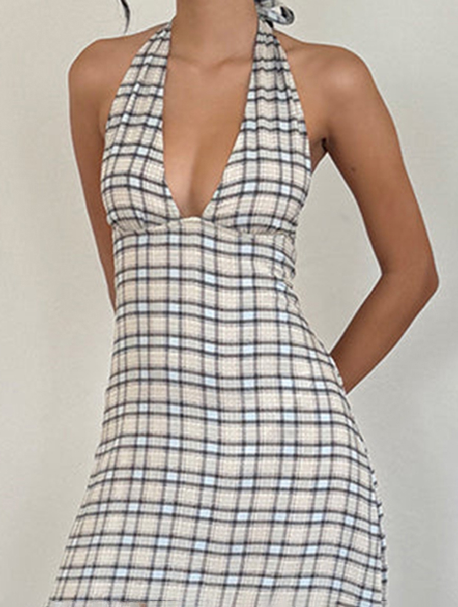 Halterneck Midi Dress In Pastel Blue Tartan