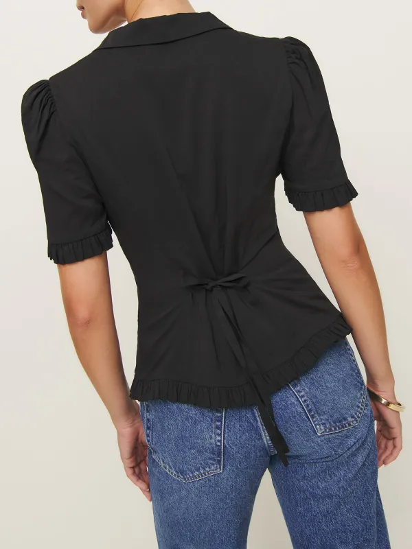 Button Front V Neck Puff Sleeve Top