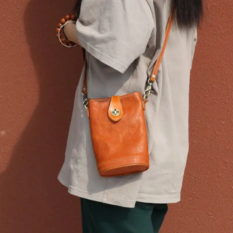 Turn-Lock Leather Phone Crossbody Bag