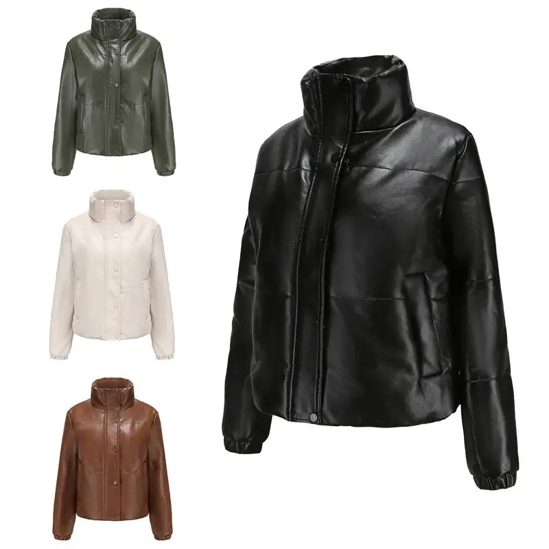 Relaxed Stand-Collar Zip-Front Faux-Leather Leather Casual Outerwear Jacket