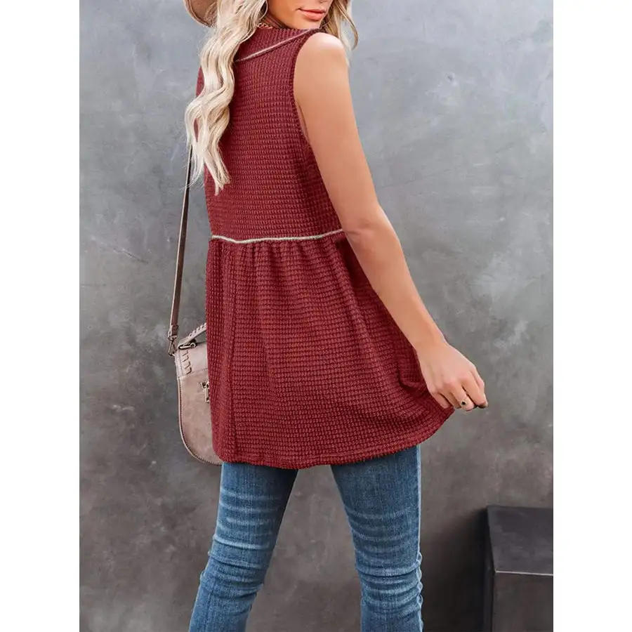 V Neck Waffle Knit Tank Top With