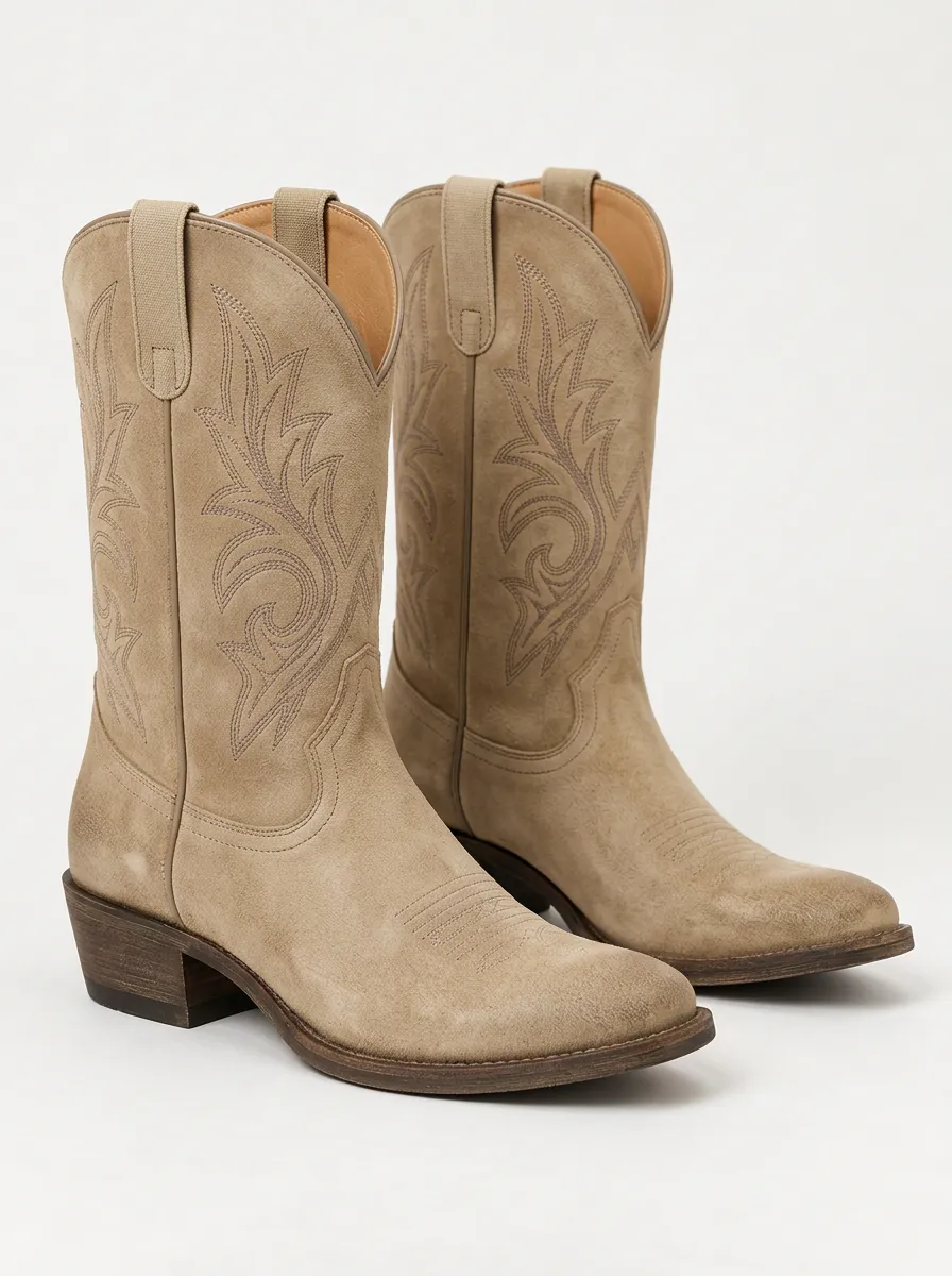 Unisex Suede Western Boots with Embroidered Pattern