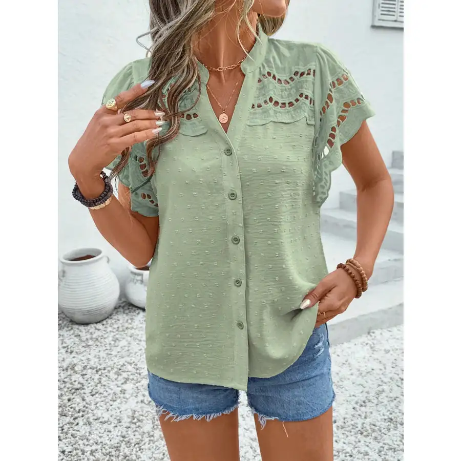 Swiss Dot Cutout Button Down Shirt