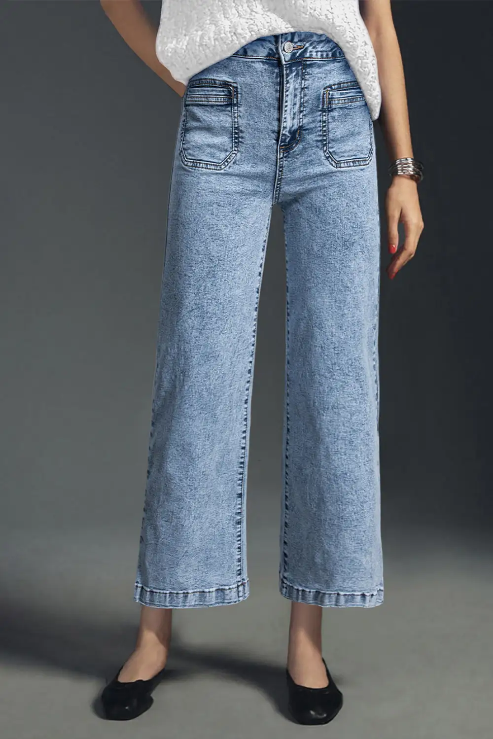 Chic Patch Pocket Straight Leg Loose Jeans