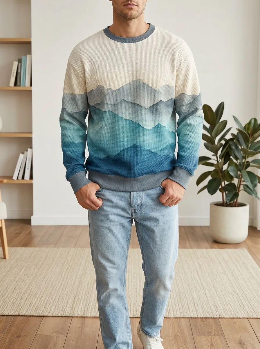 Men's Blue Mountain Landscape Printed Waffle Crewneck Sweatshirt
