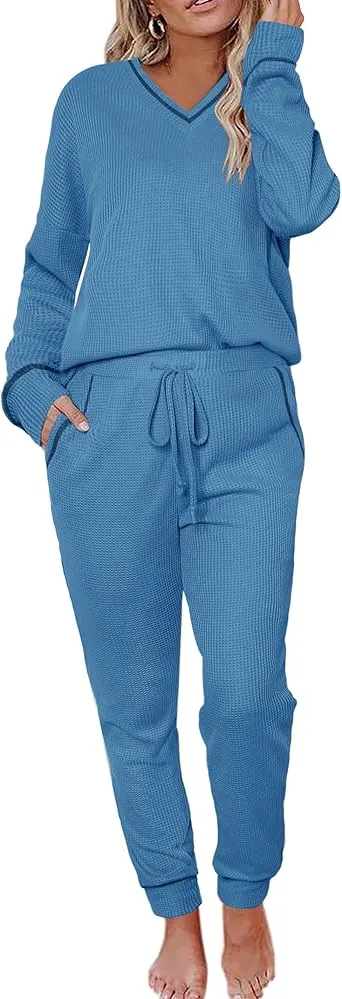 Women's Long Sleeve Knit Loungewear Set Jogger Pants Outfit