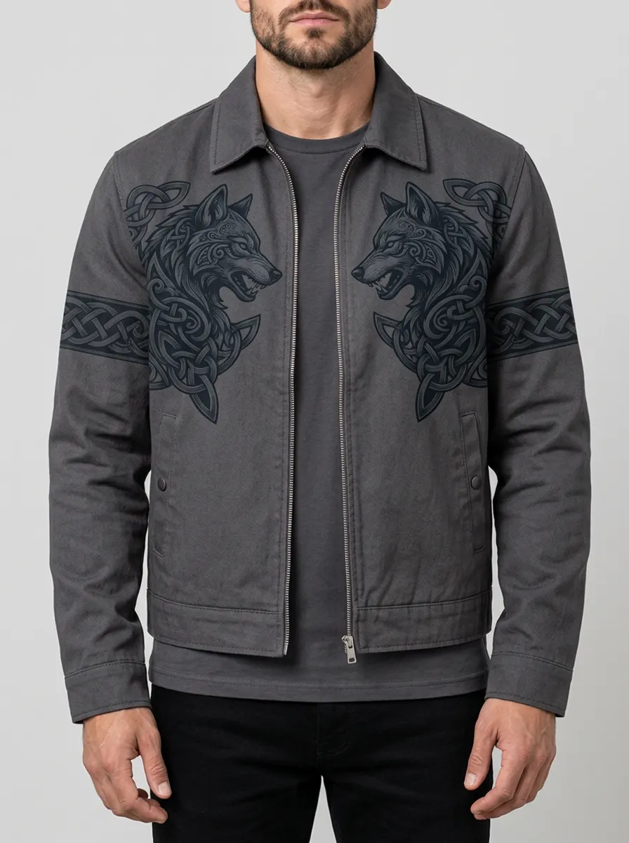 Men's Wolf Point-Collar Snap-Detail Denim-Look Jacket