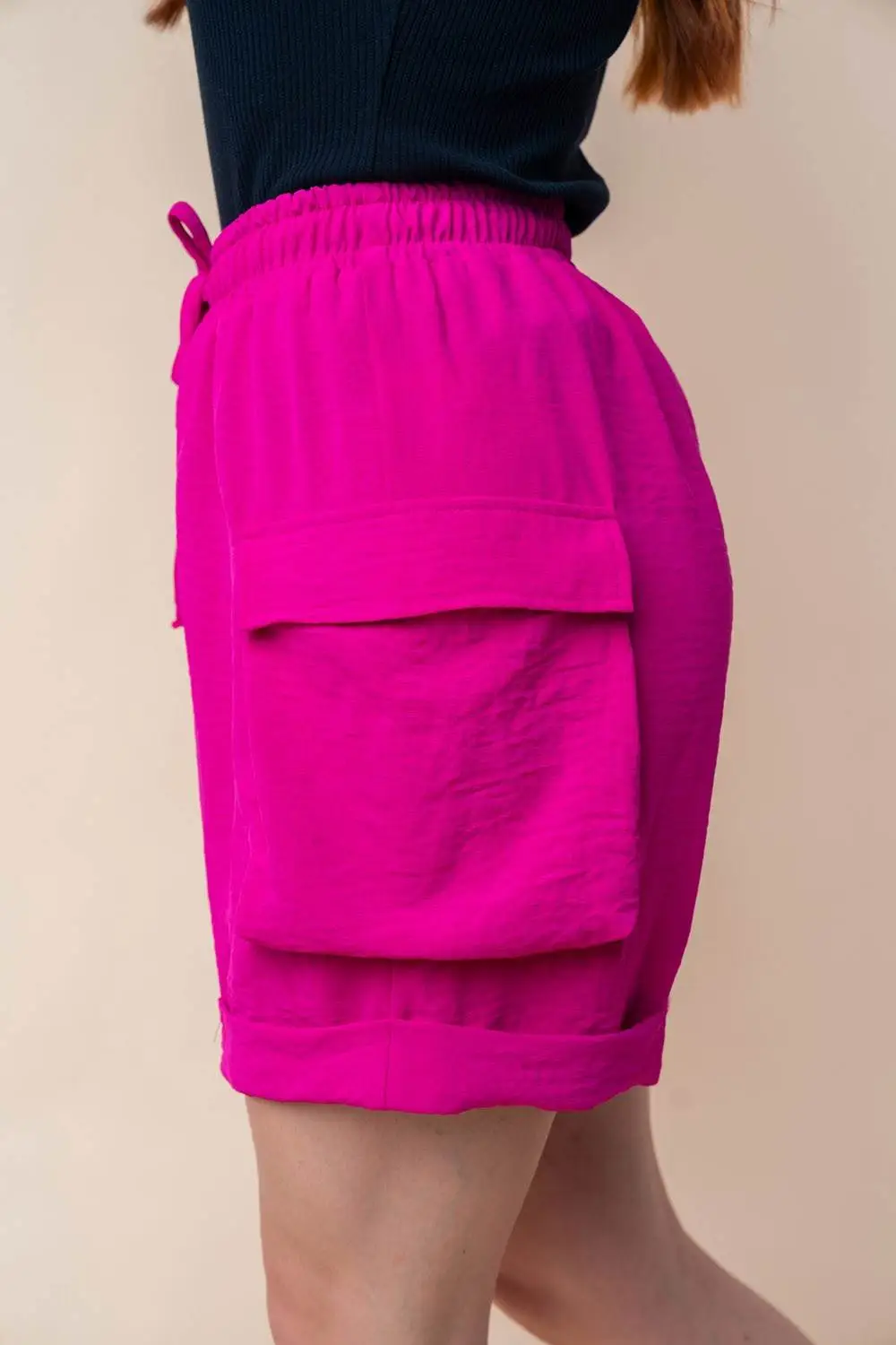 High Waist Drawstring Knit Cargo Shorts