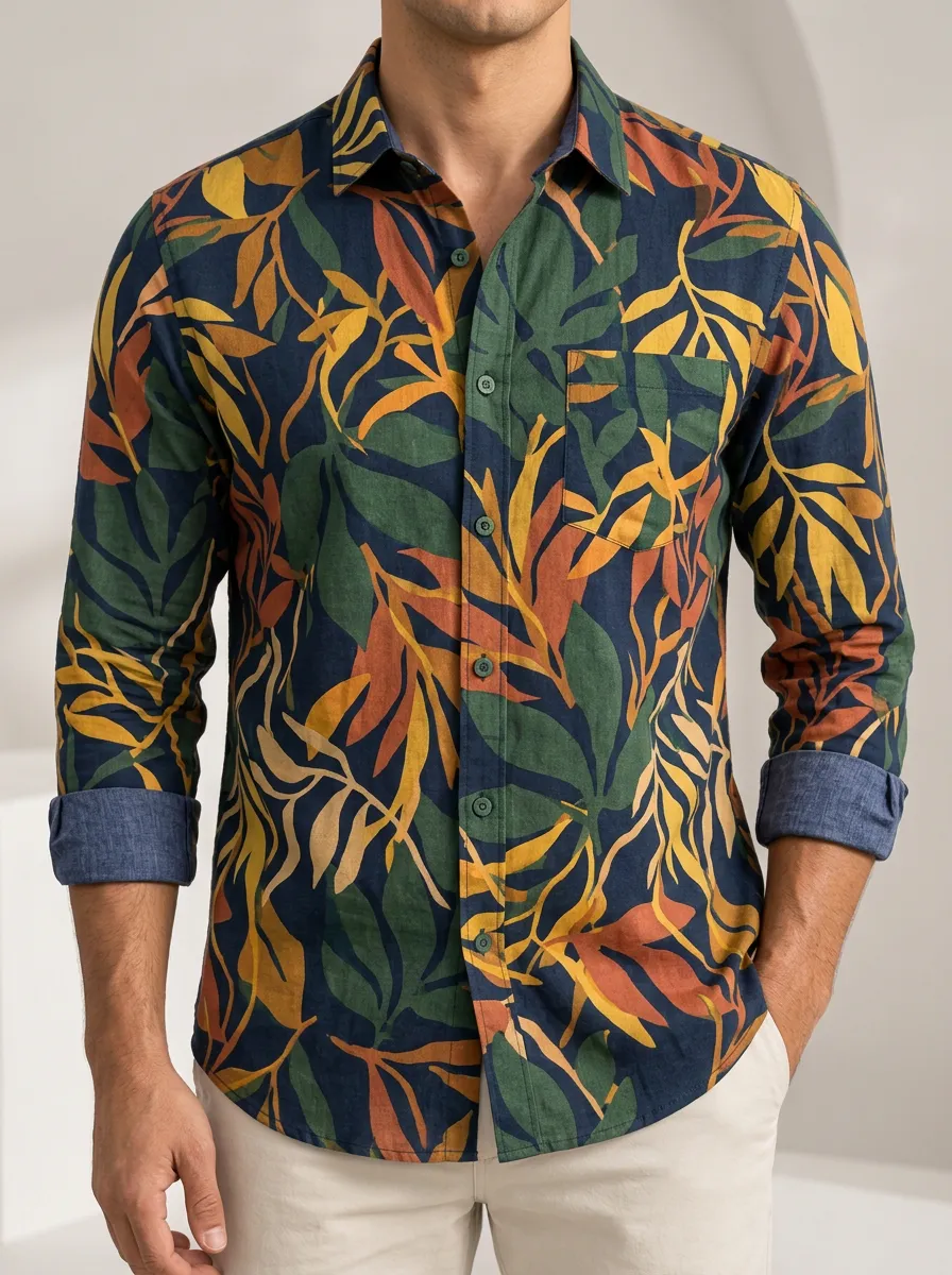 Men's Tropical Button Down Long Sleeve Shirt