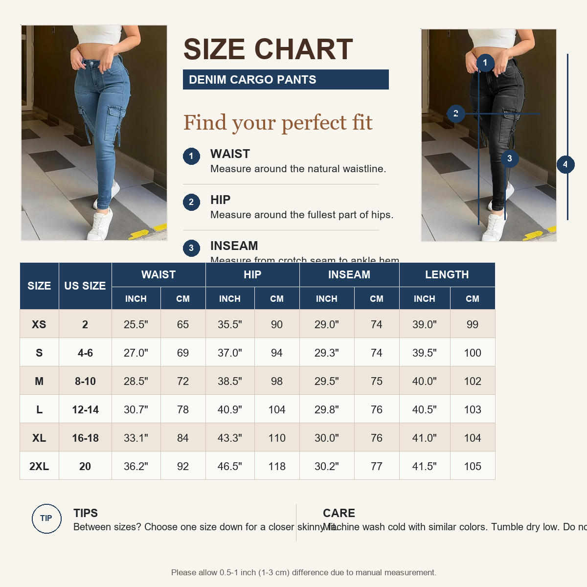 US size chart XS to 2XL for denim cargo pants