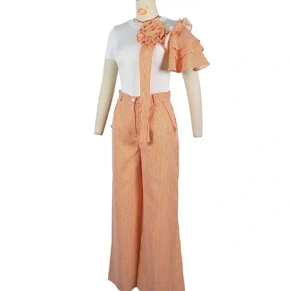 Crew-neck Short-sleeved Striped Wide-leg Pants Palazzo Set