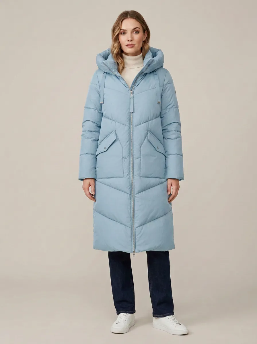 Classic-Layer Chevron-Quilted Long Hooded Coat