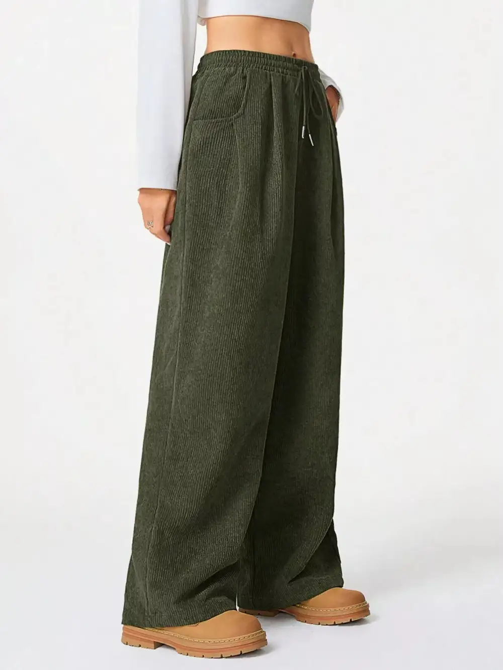 Wide Leg Corduroy Drawstring Pocketed Pants
