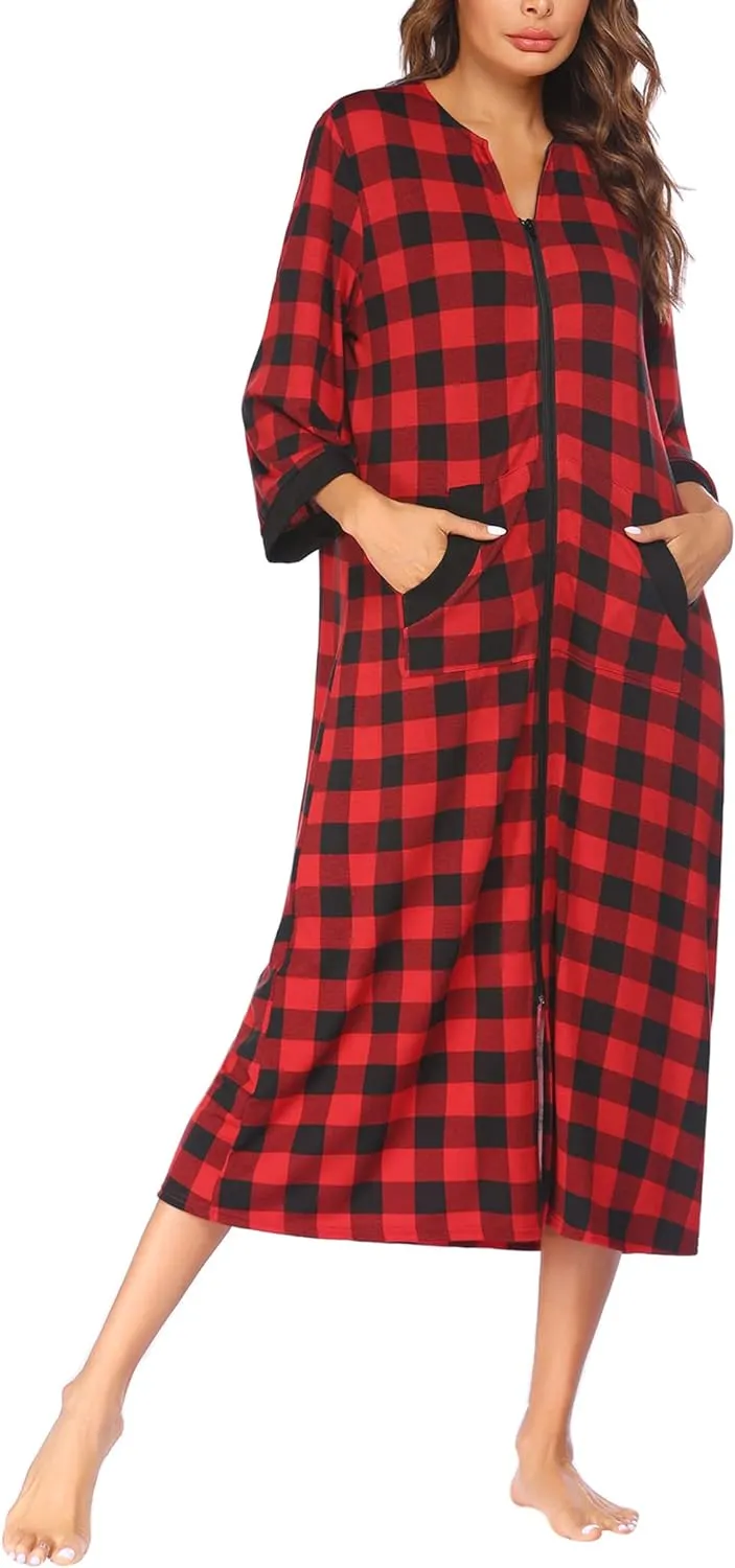 50% OFF Women Zipper Robe 3/4 Sleeves Loungewear Dress Full Length Sleepwear Pockets Housecoat Nightgown Long Bathrobe