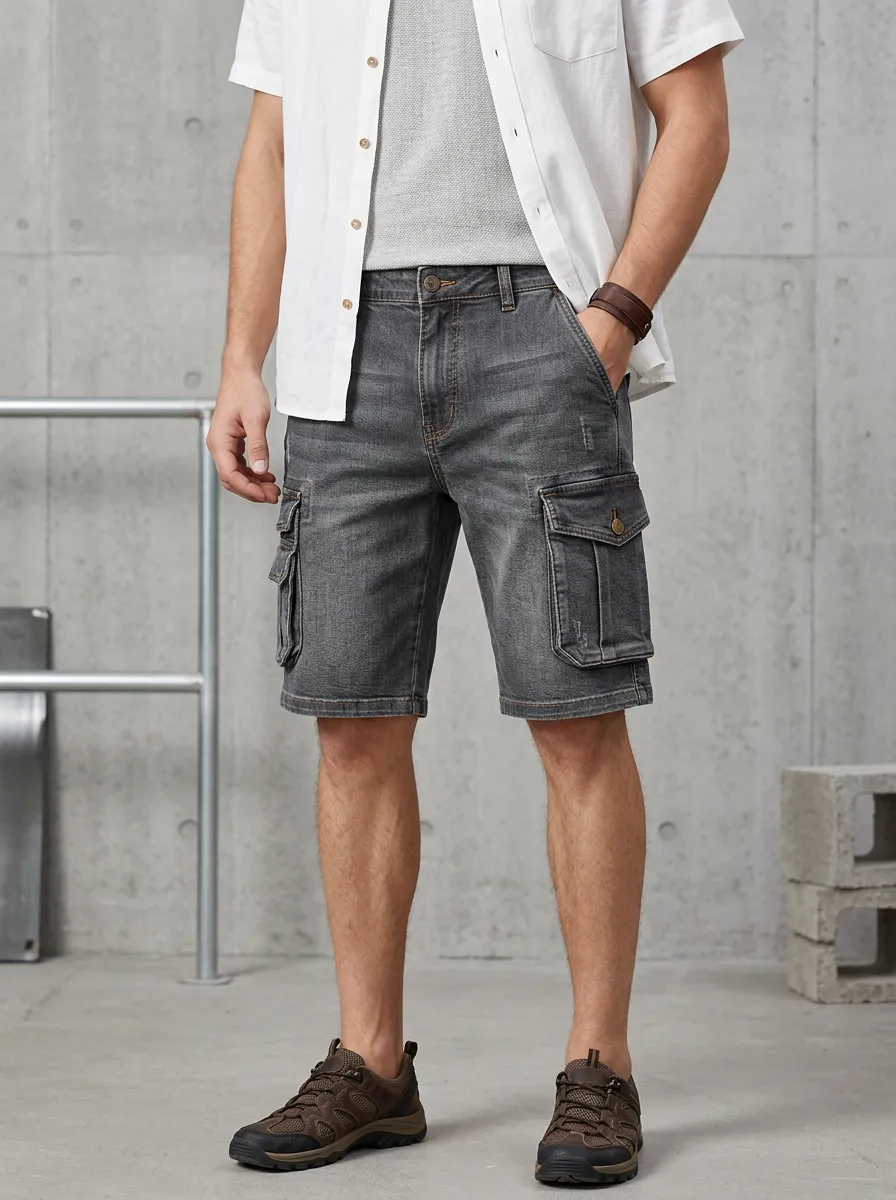 Men's Grey Washed Denim Cargo Shorts