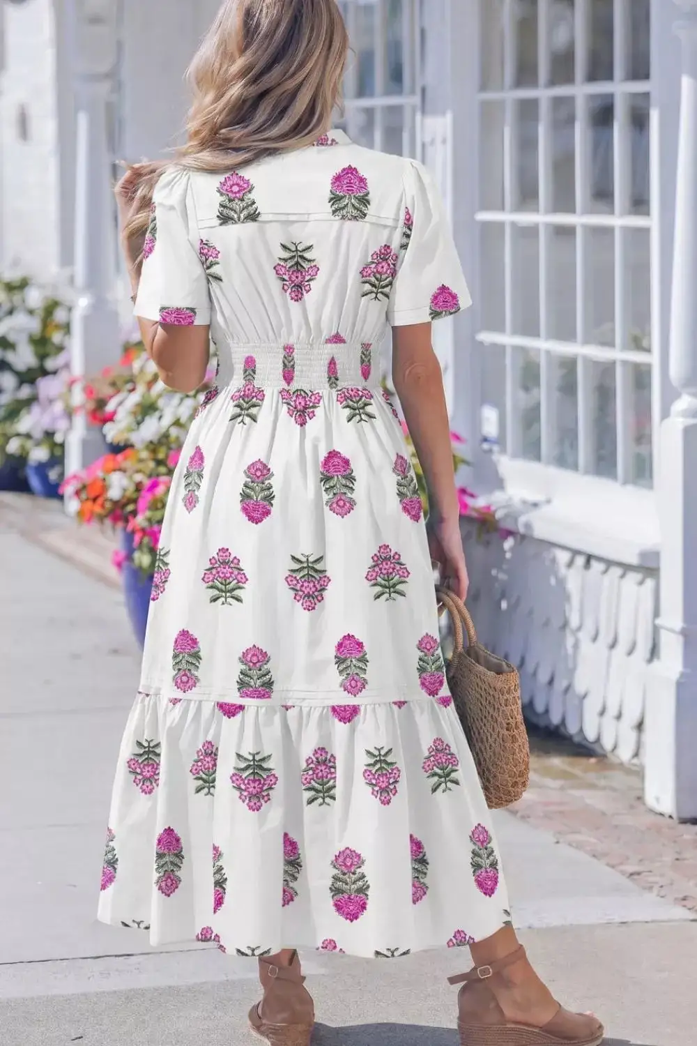 Print Split Neck Shirred High Waist Ruffle Hem Midi Dress