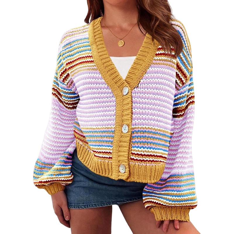 Womens Striped Cardigan Sweaters Oversized Puff Sleeve Button Up V Neck Color Block Knit Sweater Coat
