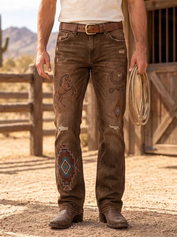 Men's Desert Inspired Western Cowboy Horse Lasso Jeans