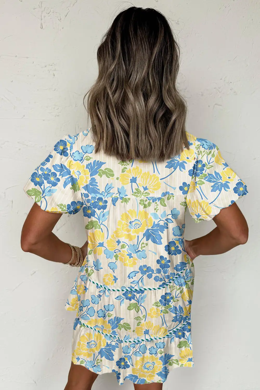 Striped Trim Puff Short Sleeve Dress