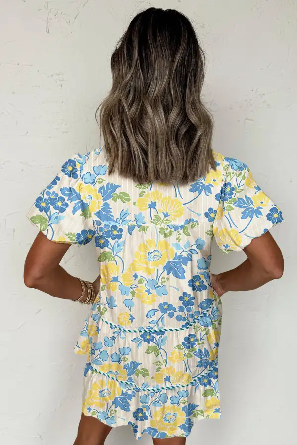 Striped Trim Puff Short Sleeve Dress