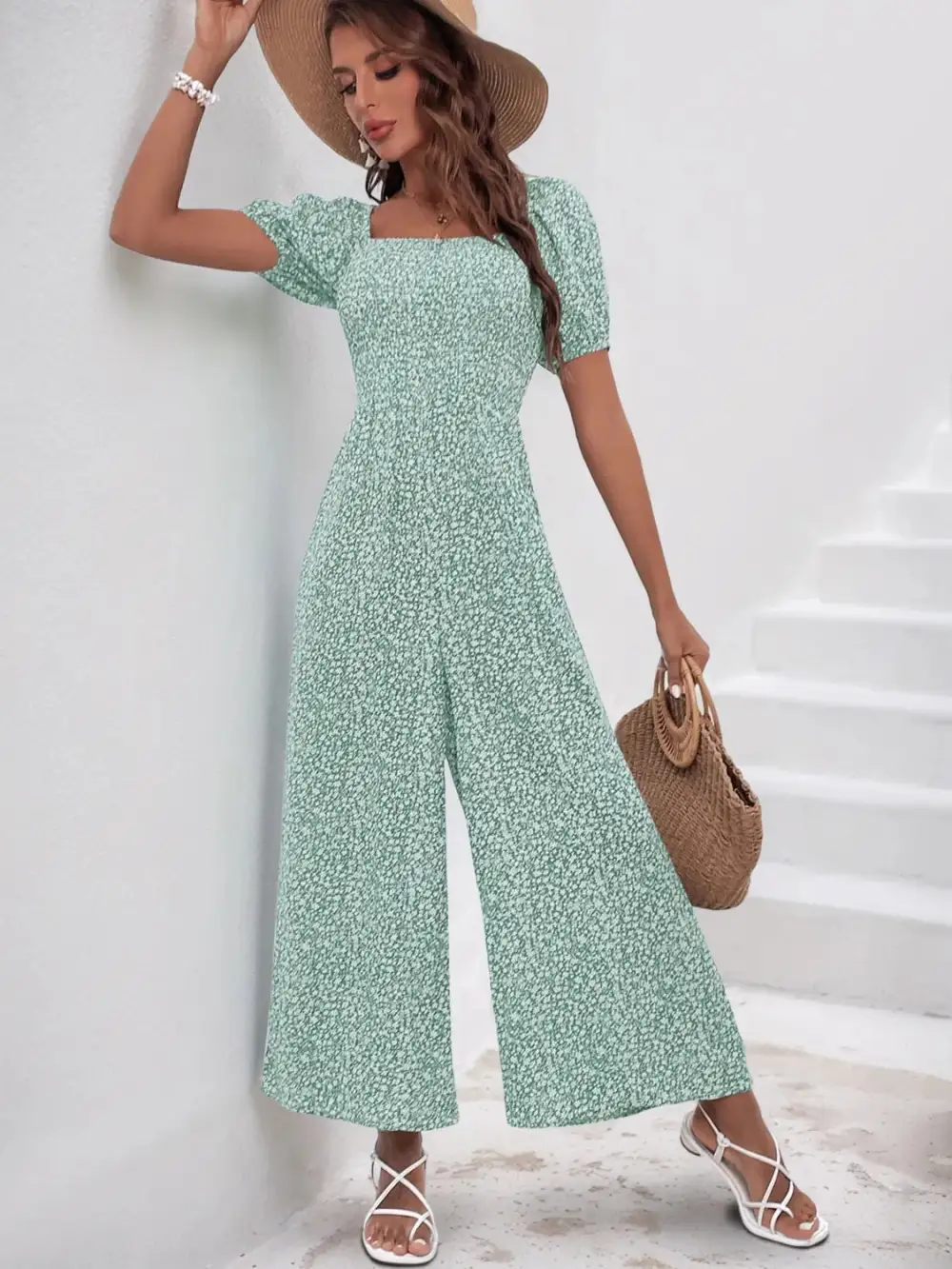 Printed Square Neck Puff Sleeve Jumpsuit