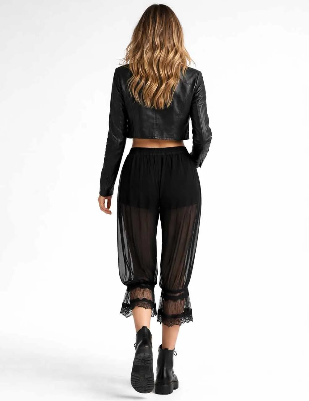 Sheer Lace Trim Bloomer Drawstring Waist Capri Pants