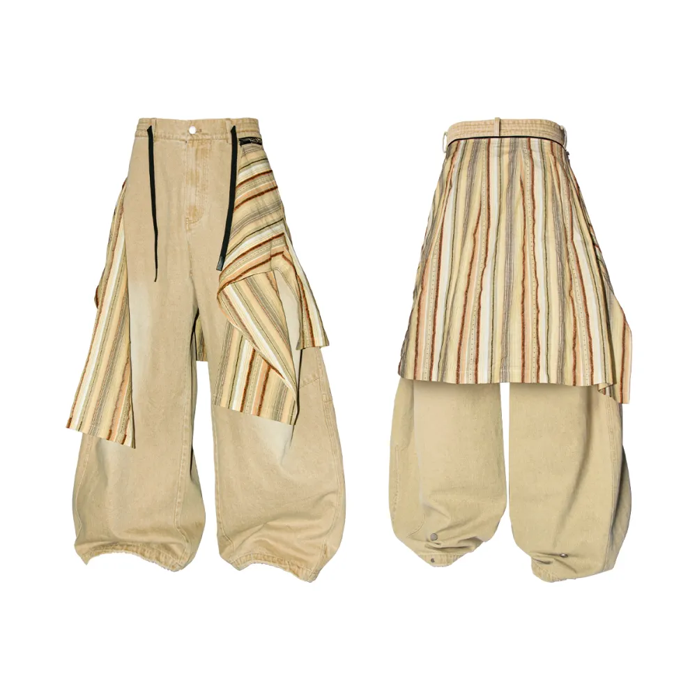 Convertible Plaid Drape Barrel Jeans