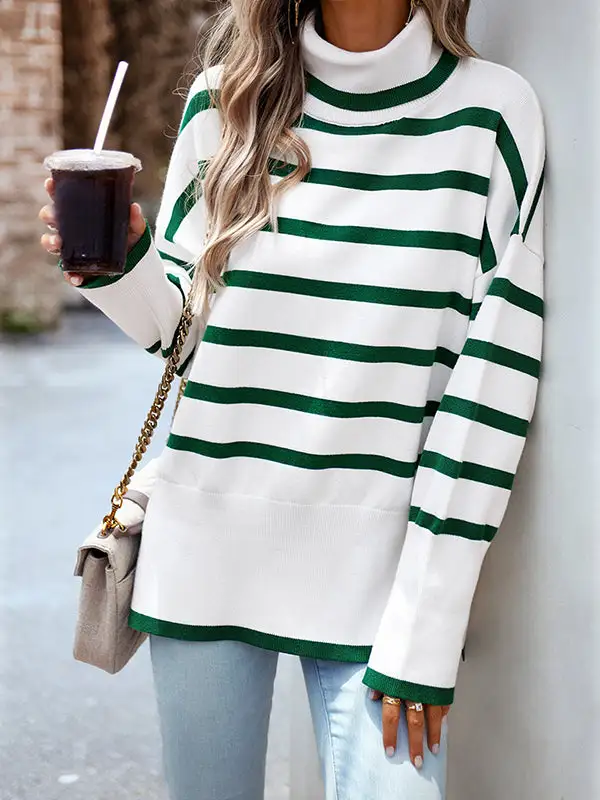 Striped Split Hem High Neck Long Sleeve Relaxed Fit Pullover Sweater